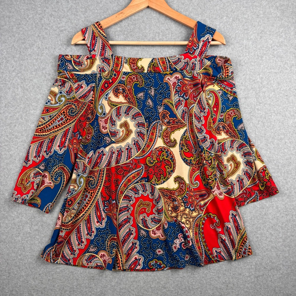Chicos Top Size 2 Womens Large Cold Shoulder Red Blue Paisley 3/4 Sleeve Blouse